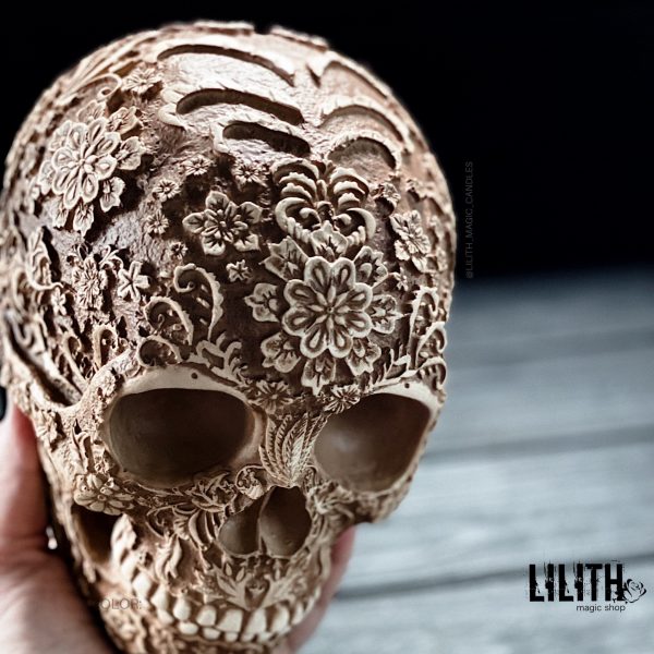 Santa Muerte Gypsum Full Size Skull – Clear Varnish Finish