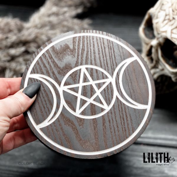 Triple Moon Wiccan Wooden Ash Tree Altar Pentacle – 6 Inches Diameter