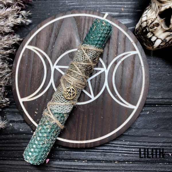 Dark Green Rolled Beeswax Intention Candle with Snake Skin and Herbs for Removing Financial Obstacles