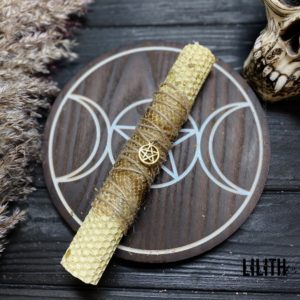White Rolled Beeswax Intention Candle with Snake Skin and Herbs for Protection Spells