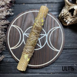 Yellow/Beige Rolled Beeswax Intention Candle with Snake Skin and Herbs for Energy Cleansing of Home