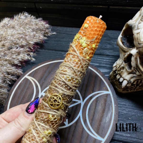 Orange Rolled Beeswax Intention Candle with Snake Skin and Herbs for Luck Spells
