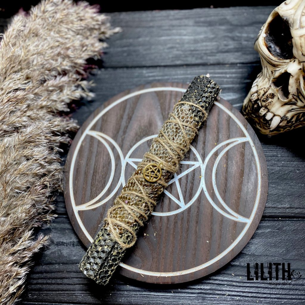 Black Rolled Beeswax Intention Candle with Snake Skin and Herbs for