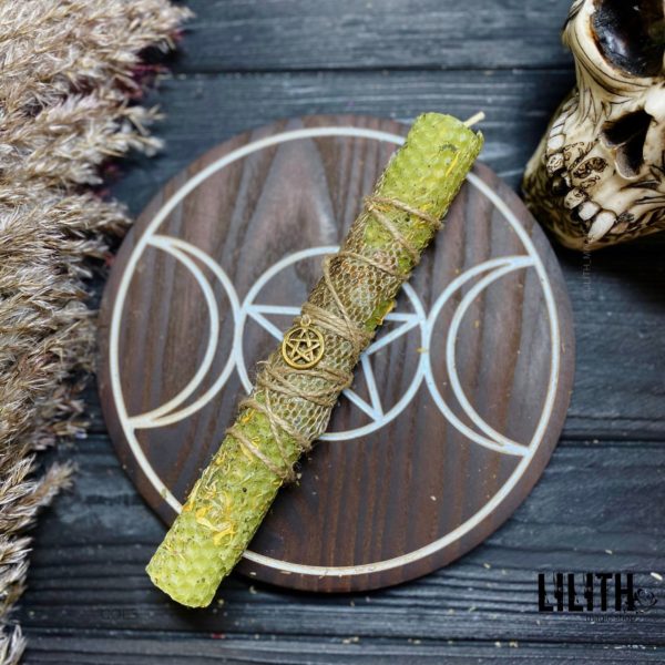 Green Rolled Beeswax Intention Candle with Snake Skin and Herbs for Money Spells