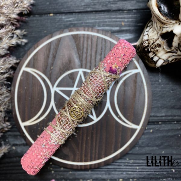 Pink Rolled Beeswax Intention Candle with Snake Skin and Herbs for Beauty Spells