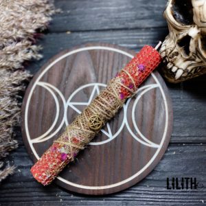 Red Rolled Beeswax Intention Candle with Snake Skin and Herbs for Love Spells