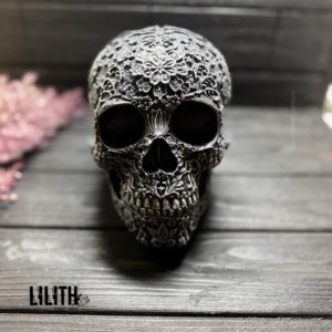 Santa Muerte Black Gypsum Full Size Skull – Clear Varnish Finish