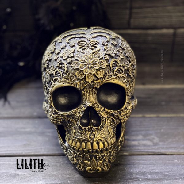 Santa Muerte Gold Gypsum Full Size Skull – Clear Varnish Finish