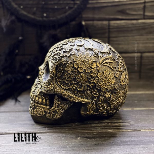 Santa Muerte Gold Gypsum Full Size Skull – Clear Varnish Finish