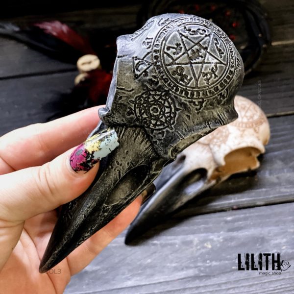 Raven Resin Skull with Occult Symbols – Clear Varnish Finish