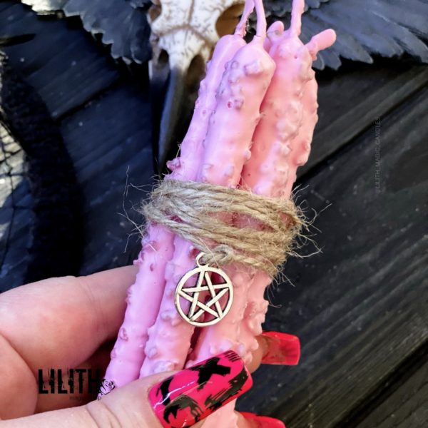 Set of 5 Love Spell Ritual Beeswax Pink Candles with Incense and Salt