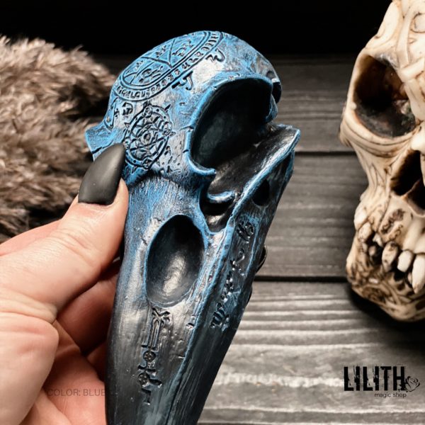 Raven Gypsum Skull with Occult Symbols – Clear Varnish Finish