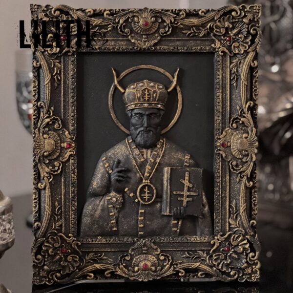 Черная Икона “Церковный Бес Абара” из высококачественного фотополимера, окрашенная вручную и задекорирована люкс стразами