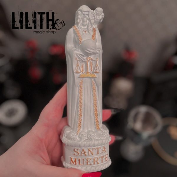 Santa Muerte (Holy Death) Wooden White Figurine with Engraved Prayer on its Backside