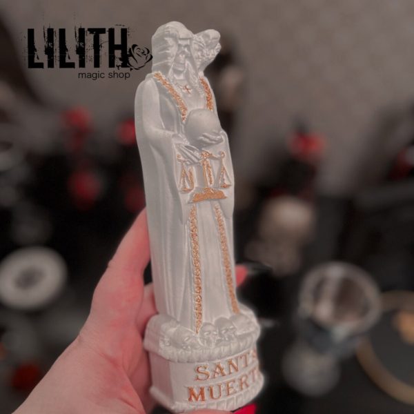 Santa Muerte (Holy Death) Wooden White Figurine with Engraved Prayer on its Backside