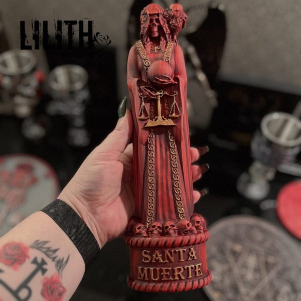 11.8” Santa Muerte (Holy Death) Wooden Figurine with Engraved Prayer on its Backside